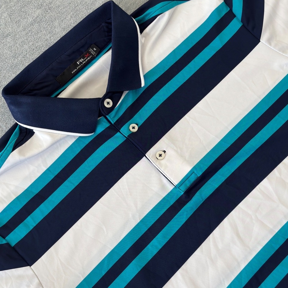 RLX Ralph Lauren Mens XL Striped Golf Polo Navy Teal White Performance Shirt